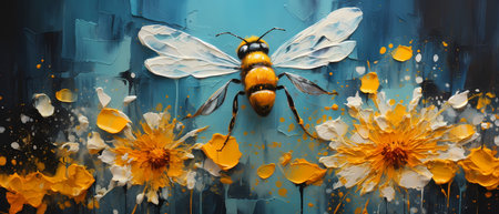Bee and flowers on grunge background. 3D rendering illustration.の素材