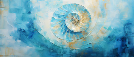 Nautilus shell on blue watercolor background. Digital painting.の素材