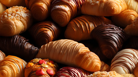 Assortment of delicious croissants as background, closeup viewの素材