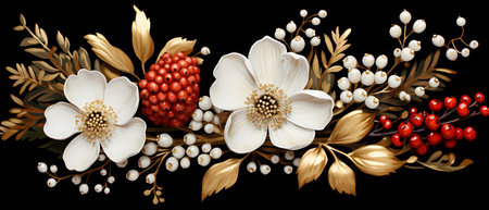 Greeting card with white flowers and berries on black background.の素材