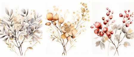 Set of watercolor floral compositions. Hand painted flowers, branches, leaves and berries.の素材