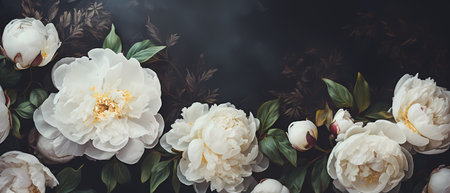 White peony flowers on a dark background. Floral background.の素材