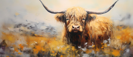 Digital painting of a Scottish highland cow in the field.の素材