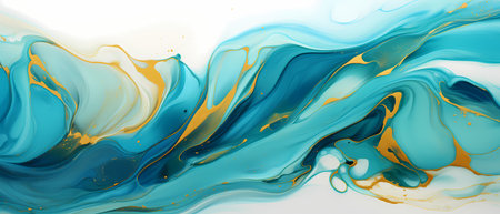 Blue and gold paint mixing on white background. Fluid art.の素材