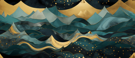 3d rendering of abstract wavy background with gold and blue elementsの素材