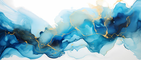 Alcohol ink abstract background. Blue, gold and white liquid texture.の素材