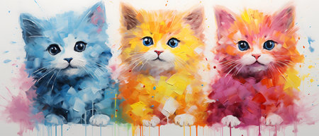 Colorful portrait of three cute kittens in watercolor painting style.の素材