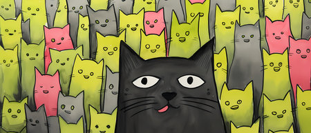 cartoon cat in a crowd of cats with different colors - illustration for childrenの素材
