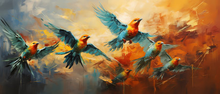 Illustration of a flock of parrots on a background of the cityの素材