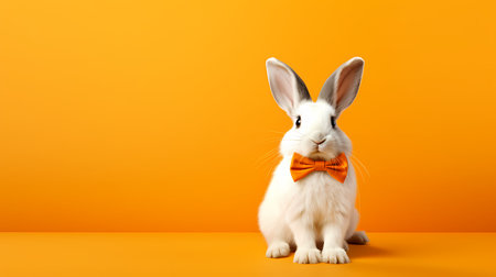 Cute rabbit with bow tie on orange background. Easter holiday conceptの素材