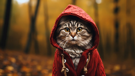 Cute tabby cat in a red coat in the autumn forest.の素材