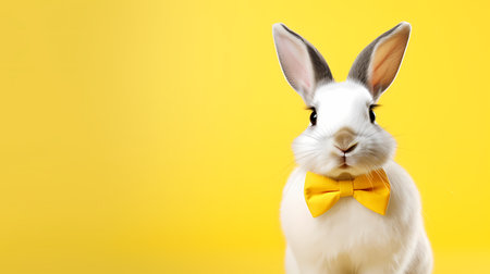 Cute white rabbit with yellow bow tie isolated on yellow background.の素材