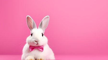 Cute white rabbit with pink bow tie on pink background, copy spaceの素材
