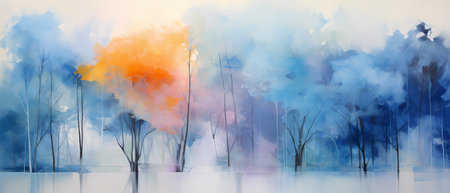 Abstract watercolor painting landscape of winter forest with fog and cloud.の素材