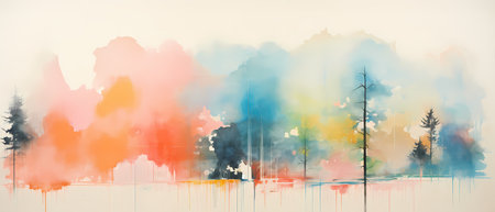 Panoramic view of a foggy forest. Watercolor painting.の素材