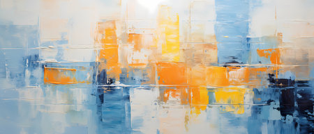 abstract oil painting on canvas. Blue, yellow and orange colorsの素材