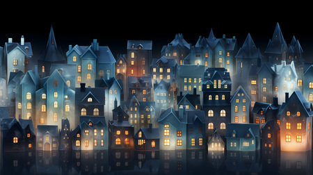 Night cityscape with houses. 3d illustrations. Vintage style.の素材