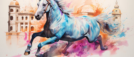 Horse on the background of Colosseum in Rome, Italyの素材