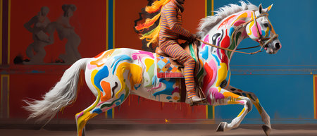 White horse with colorful pattern on the back. 3d rendering.の素材