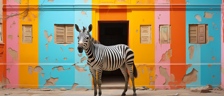 Zebra in front of colorful wall - 3D rendering illustration.の素材