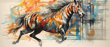 Illustration of a horse running with colorful abstract background, digitally created.の素材