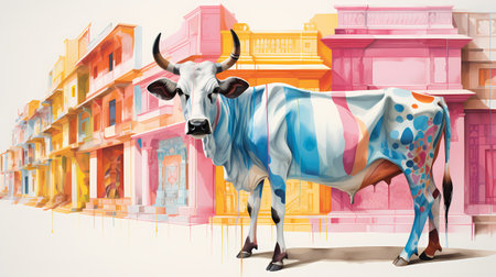 Cow in front of colorful buildings. Digital painting. 3D renderingの素材