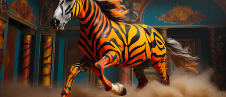 3d rendering of a black and orange zebra in a circusの素材