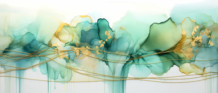 Abstract blue and yellow watercolor background with gold elements. Vector illustrationの素材