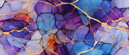 Alcohol ink abstract background. Blue, purple and gold overflowing colors.の素材