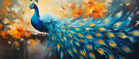 Beautiful peacock in the background of autumn leaves. Vector illustration.の素材