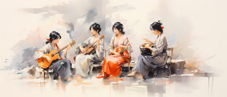 Illustration of a group of Asian women playing music in the streetの素材