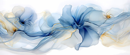 Abstract blue and gold smoke on white background. Ink in water.の素材