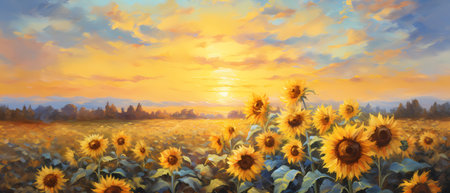 Sunflower field at sunset. Nature background. 3d illustrations.の素材