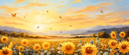 Sunflower field with butterflies and mountains at sunset. Digital painting.の素材
