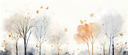 Watercolor background with autumn trees and falling leaves. Vector illustration.の素材