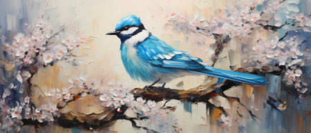 Digital painting of a blue bird on a branch of a blossoming treeの素材