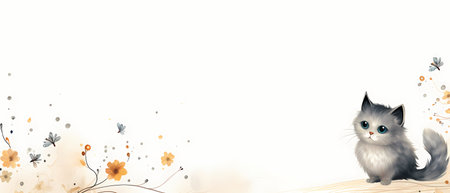 Illustration of a cat on a white background with flowers and butterfliesの素材
