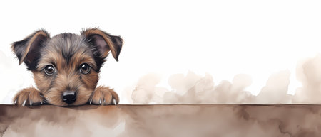 Yorkshire Terrier puppy peeking over the edge of the frameの素材