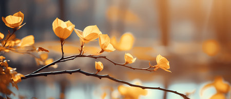 Yellow magnolia flowers on a branch in the park in autumn.の素材