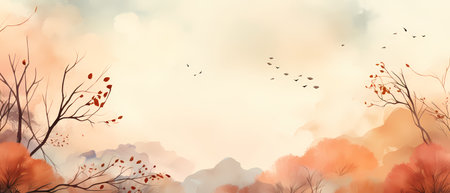 Autumn landscape background. Watercolor hand drawn illustration. Vector.の素材