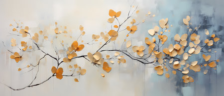 3D illustration of golden autumn leaves and branches on a white backgroundの素材