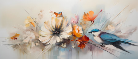 Bouquet of flowers with birds on a white background. Watercolor painting.の素材