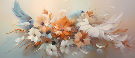 Bouquet of flowers with a bird on a light background.の素材