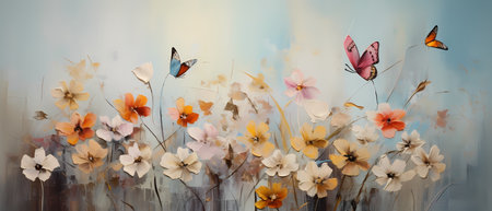 Vintage floral background with spring flowers and butterflies. Digital painting.の素材