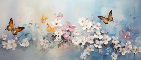 Spring cherry blossoms and butterflies. Spring flowers. Spring background.の素材