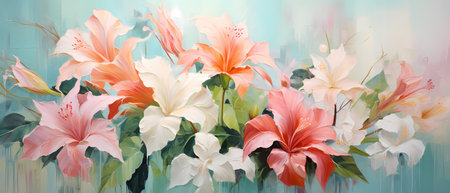 White and pink lilies on a turquoise background. Spring flowers.の素材