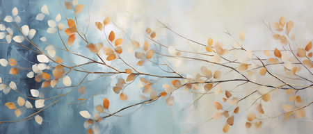 Autumn background with leaves and branches on a blue-gray background.の素材