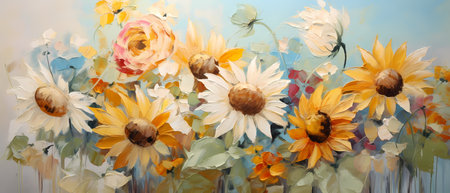 Artistic painting of sunflowers in vase, vintage styleの素材