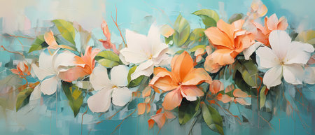 Bouquet of white and orange magnolia flowers on a blue background.の素材
