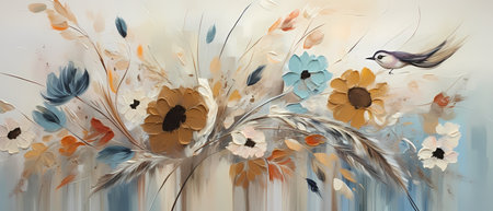 Abstract floral background with flowers and birds. Digital painting. 3d renderingの素材
